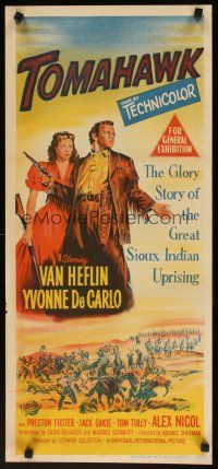 7w751 TOMAHAWK Aust daybill '51 art of Van Heflin & Yvonne De Carlo, great Sioux Indian uprising!
