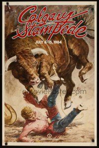 7x161 CALGARY EXHIBITION & STAMPEDE Canadian travel poster '84 wonderful art of cowboy & bull!