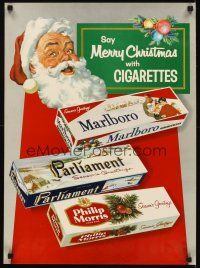 7x421 SAY MERRY CHRISTMAS WITH CIGARETTES 19x26 advertising poster '50s art of Santa & cigs!