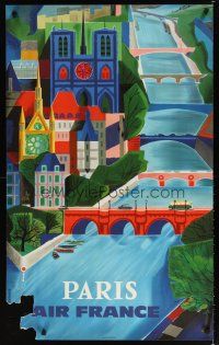 7x196 AIR FRANCE PARIS French travel poster '60 Jean Vernier artwork of town & river!