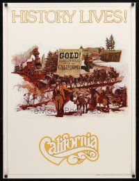 7x093 CALIFORNIA HISTORY LIVES travel poster '80s cool Bennitt artwork of gold rush scenes!