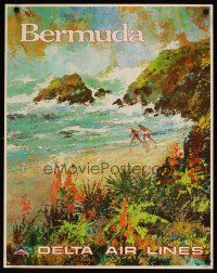 7x115 DELTA AIR LINES BERMUDA travel poster '70s Jack Laycox art of couple on beach!