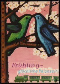 7x110 DEUTSCHE BUNDESBAHN German travel poster '55 colorful Andrian art of birds & train!