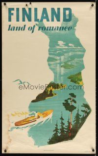 7x187 FINLAND Finnish travel poster '50 cool artwork of ship on water & outline of country!