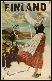 7x186 FINLAND Finnish travel poster '48 cool Vepsalainen art of girl waving!