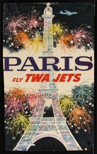 7x122 FLY TWA JETS PARIS travel poster '60s Klein art of Eiffel Tower & fireworks!