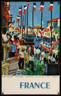 7x204 FRANCE MEDITERRANEE French travel poster '60s Desnoyers artwork of people & harbor!