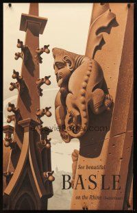 7x252 SEE BEAUTIFUL BASLE ON THE RHINE Swiss travel poster '40s Ernst Keiser art of gargoyle!