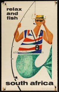 7x239 SOUTH AFRICA RELAX & FISH South African travel poster '60s great art of merman fisherman!