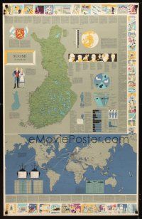 7x189 SUOMI FINNLAND Finnish travel poster '60s really cool map of country & attractions!