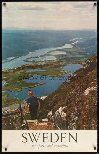 7x248 SWEDEN FOR SPORTS AND RECREATION Swedish travel poster '63 cool image of hiker & valley!
