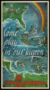 7x157 TRANS CARIBBEAN travel poster '65 really cool artwork map, come play in our lagoon!