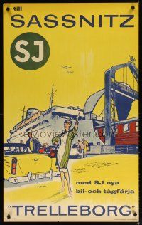 7x249 TRELLEBORG SASSNITZ Swedish travel poster '50s Heffer art of car ferry & sexy woman!