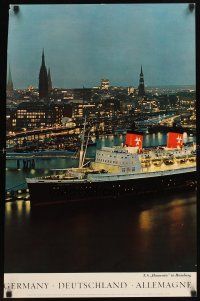 7x216 T.S. HANSEATIC IN HAMBURG German travel poster '64 great image of ship docked in harbor!
