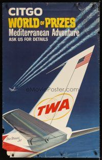 7x125 TWA CITGO WORLD OF PRIZES travel poster '65 cool artwork of tail section & flying jet!