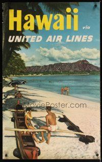 7x137 UNITED AIRLINES HAWAII travel poster '60s cool image of people by canoe on beach!