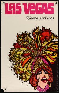 7x139 UNITED AIRLINES LAS VEGAS travel poster '67 cool Jebray artwork of showgirl!
