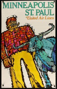7x141 UNITED AIRLINES MINNEAPOLIS ST. PAUL travel poster '69 Jebray art of Bunyon & his blue ox!