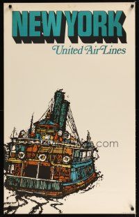 7x142 UNITED AIRLINES NEW YORK travel poster '67 cool Jebray art of ferry!