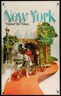 7x143 UNITED AIRLINES NEW YORK travel poster '71 cool paper sculpture of carriage in park!