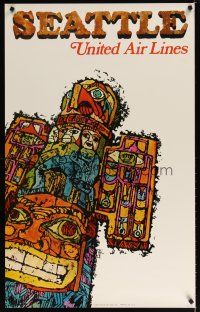 7x150 UNITED AIRLINES SEATTLE travel poster '68 cool Jebray artwork of totem pole!