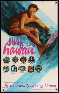 7x151 UNITED AIRLINES SURF HAWAII travel poster '60s fantastic surfing artwork by Otero!