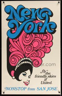 7x153 UNITED NEW YORK travel poster '70s non-stop from San Jose, art of showgirl!