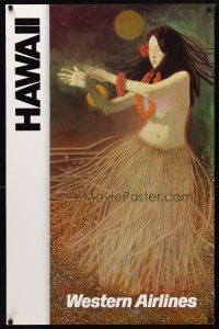 7x128 WESTERN AIRLINES HAWAII travel poster '80s cool artwork of sexy hula dancer in grass skirt!