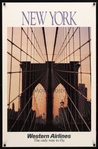 7x131 WESTERN AIRLINES NEW YORK travel poster '80s great image of Brooklyn Bridge!