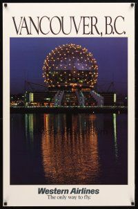 7x135 WESTERN AIRLINES VANCOUVER B.C. travel poster '80s cool image of Science World dome!