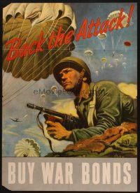 7x019 BACK THE ATTACK! 20x28 WWII war poster '43 Schreiber art of paratroopers over soldier w/gun!