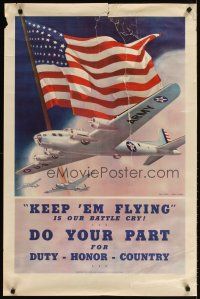 7x008 KEEP 'EM FLYING 25x38 WWII war poster '42 art of bombers & flag by Smith & Downe!