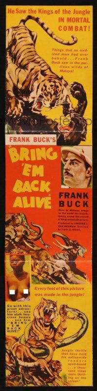 7y019 BRING 'EM BACK ALIVE herald '33 Frank Buck, cool art of tiger fighting giant snake in jungle!
