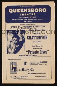 7y059 QUEENSBORO THEATRE stage play herald '40s Ruth Chatterton in Noel Coward's Private Lives!