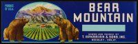 7y231 BEAR MOUNTAIN PRODUCE produce crate label '40s cool art of brown bears by mountains & field!