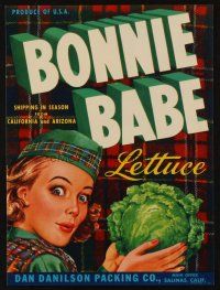 7y233 BONNIE BABE LETTUCE produce crate label '50s art of pretty Scottish girl holding lettuce!