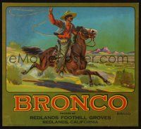 7y235 BRONCO BRAND CITRUS produce crate label '40s wonderful art of cowboy with lasso on horse!