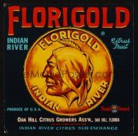 7y239 FLORIGOLD INDIAN RIVER CITRUS produce crate label '40s art of Native American on gold coin!