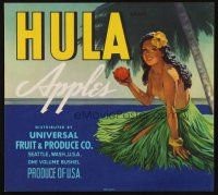 7y241 HULA BRAND APPLES produce crate label '40s art of sexy topless Hawaiian girl in grass skirt!