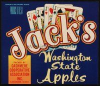 7y242 JACK'S WASHINGTON STATE APPLES produce crate label '40s cool art of four jack playing cards!
