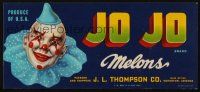 7y243 JO JO BRAND MELONS produce crate label '40s great artwork of smiling clown!