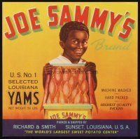 7y244 JOE SAMMY'S BRAND YAMS produce crate label '50s U.S. No. 1 selected Louisiana yams, cool art