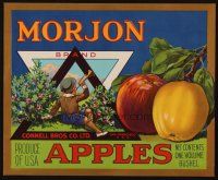7y247 MORJON BRAND APPLES produce crate label '40s art of child playing bugle in orchard!