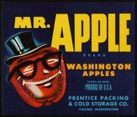 7y249 MR. APPLE WASHINGTON APPLES produce crate label '40s wacky art of apple w/ top hat & glasses!