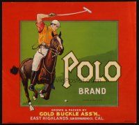 7y254 POLO BRAND CITRUS produce crate label '40s cool art of jockey on horse swinging mallet!