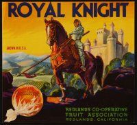 7y257 ROYAL KNIGHT SUNKIST ORANGES produce crate label '40s cool art of knight, castle & fruit!