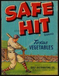 7y258 SAFE HIT BRAND TEXAS VEGETABLES produce crate label '40s cool baseball artwork!