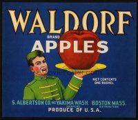 7y265 WALDORF BRAND APPLES produce crate label '40s art of porter w/giant apple on golden platter!