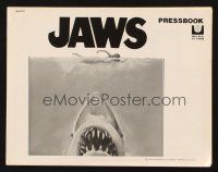 7y772 JAWS pressbook '75 art of Steven Spielberg's classic man-eating shark attacking sexy swimmer!