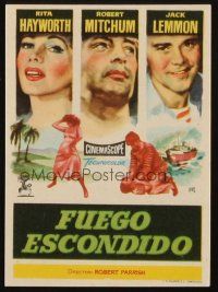 7y111 FIRE DOWN BELOW Spanish herald '57 Jano art of Rita Hayworth, Robert Mitchum & Jack Lemmon!